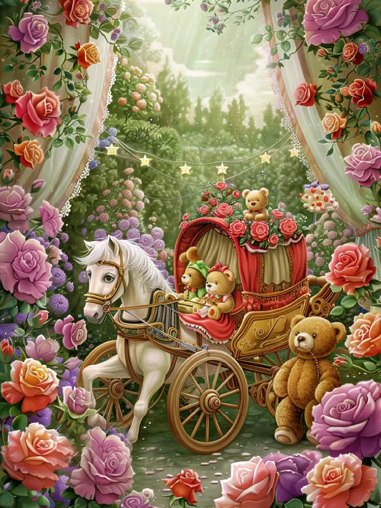 AB Diamond Painting op canvas – Fairy Dust Rozentuin met Koets en Beer