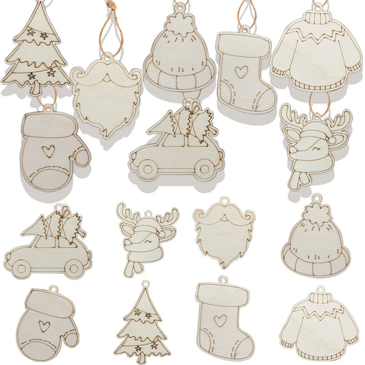 Houten figuur om zelf te schilderen/kleuren – 8 stuks kerst herten, auto’s en mutsen hangornamenten