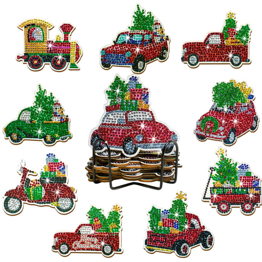 Diamond Painting Onderzetters Kerst Set – 10 Stuks met Houder - Auto