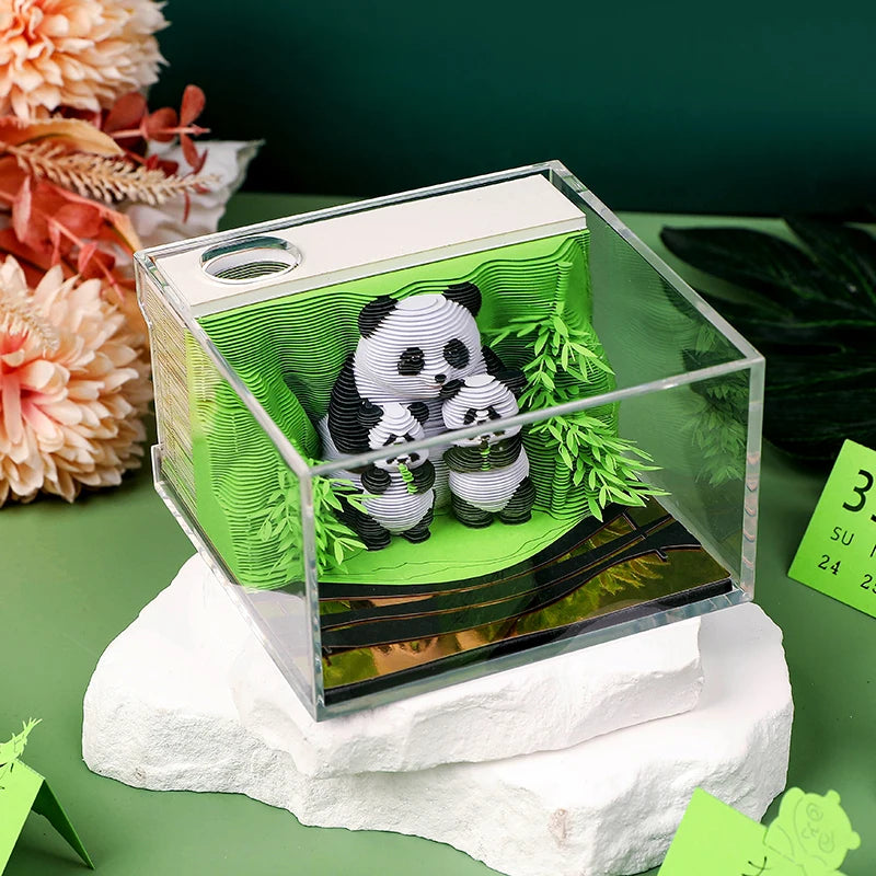 3D Papier Sculptuur Panda Bureaukalender 2026 met Notitieblok en Creatief Ontwerp