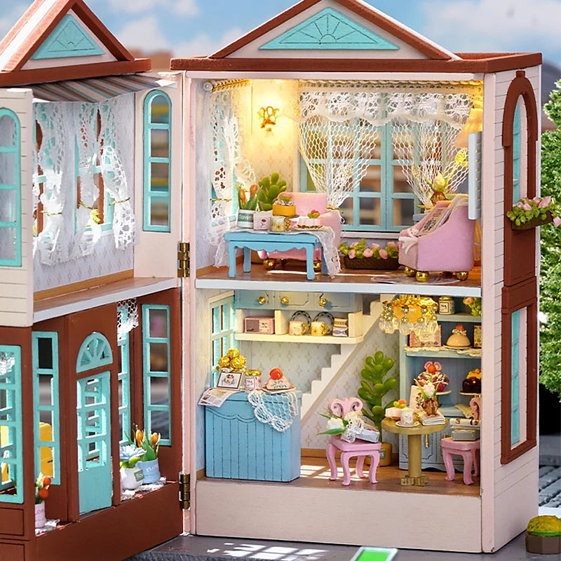 Zelfbouw miniatuurhuisje houten villa met meubels en verlichting - D-0013