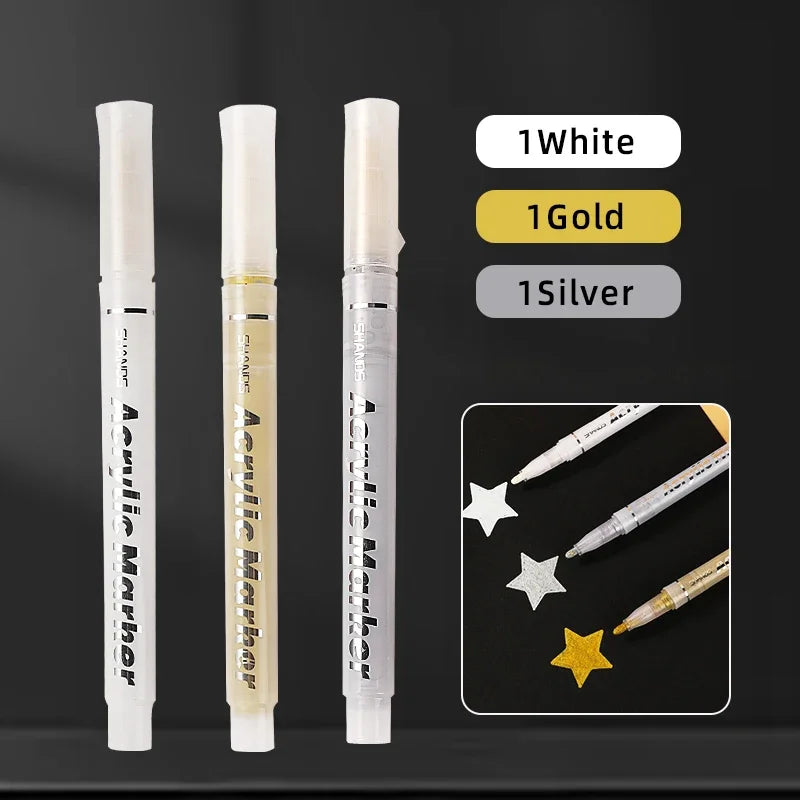Stiften set acrylmarkers goud zilver en wit met watervaste inkt