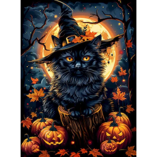 Schilderen op nummer Halloween Kat met Pompoen op Canvas in Frame (optioneel) - 9961782