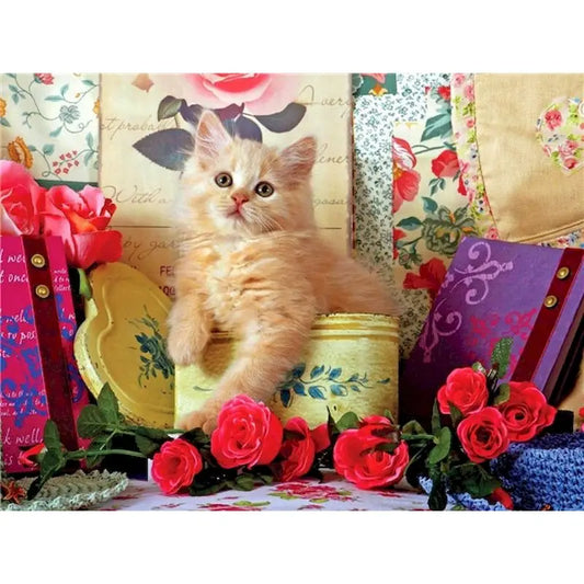 Diamond Painting Dieren - Kat met bloemen landschap wanddecoratie - DZDP32709