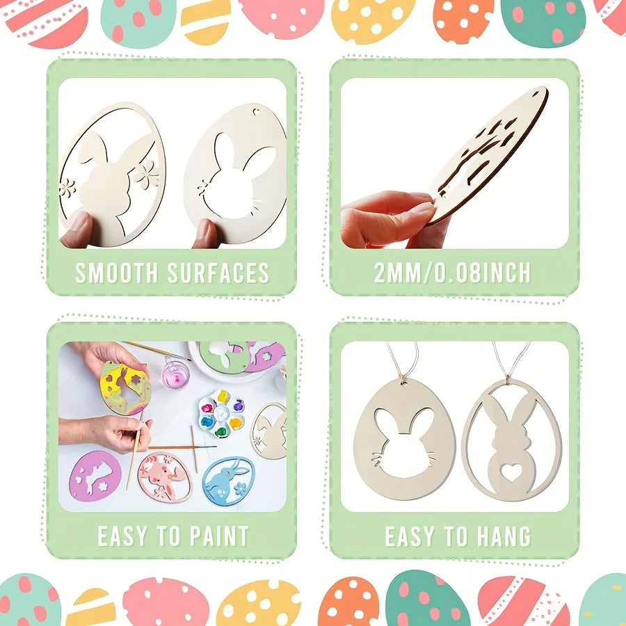 Houten Paas figuur om zelf te kleuren/schilderen – 12 paashangers konijn & ei