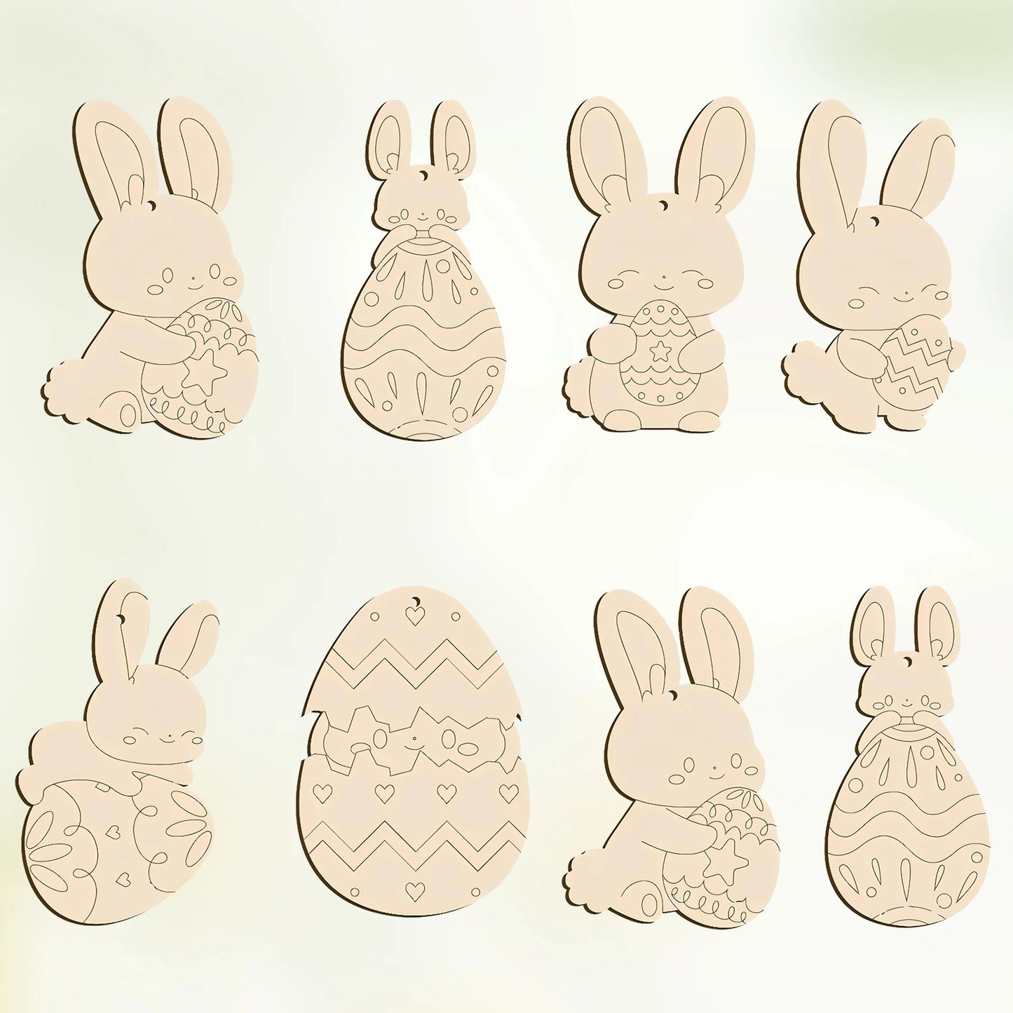 Houten Paas figuren om zelf te kleuren/schilderen – Konijn & Ei Hangers Set