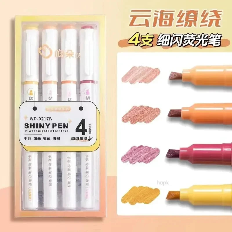 Stiften set Kawaii Glitter Highlighters Pastel 4 Kleuren