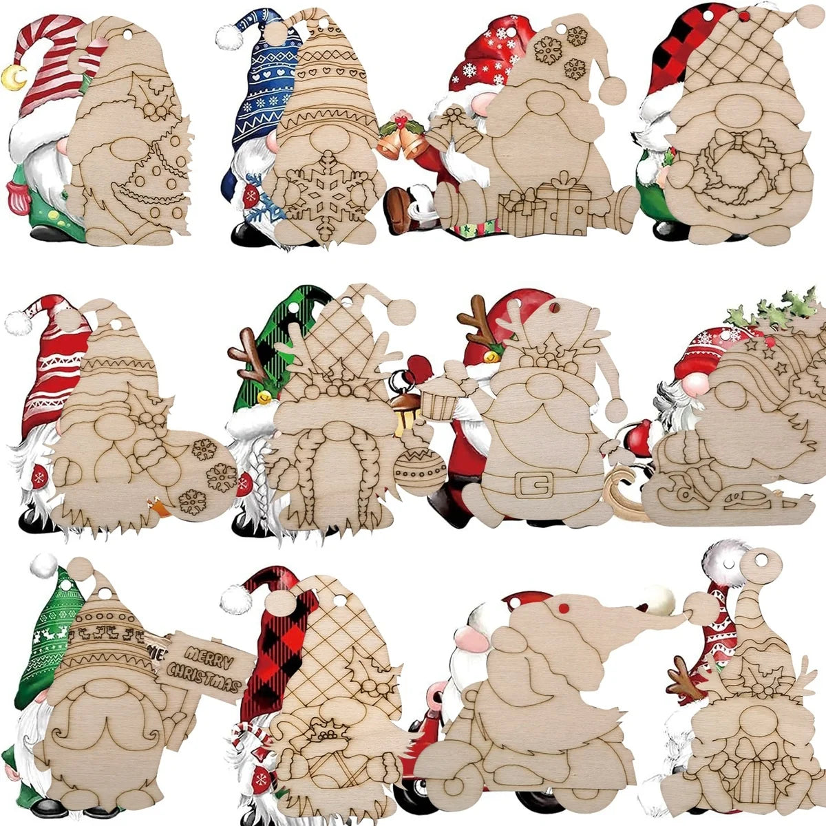 Houten figuur om zelf te kleuren/schilderen – 12 kerstgnomen hangdecoratie