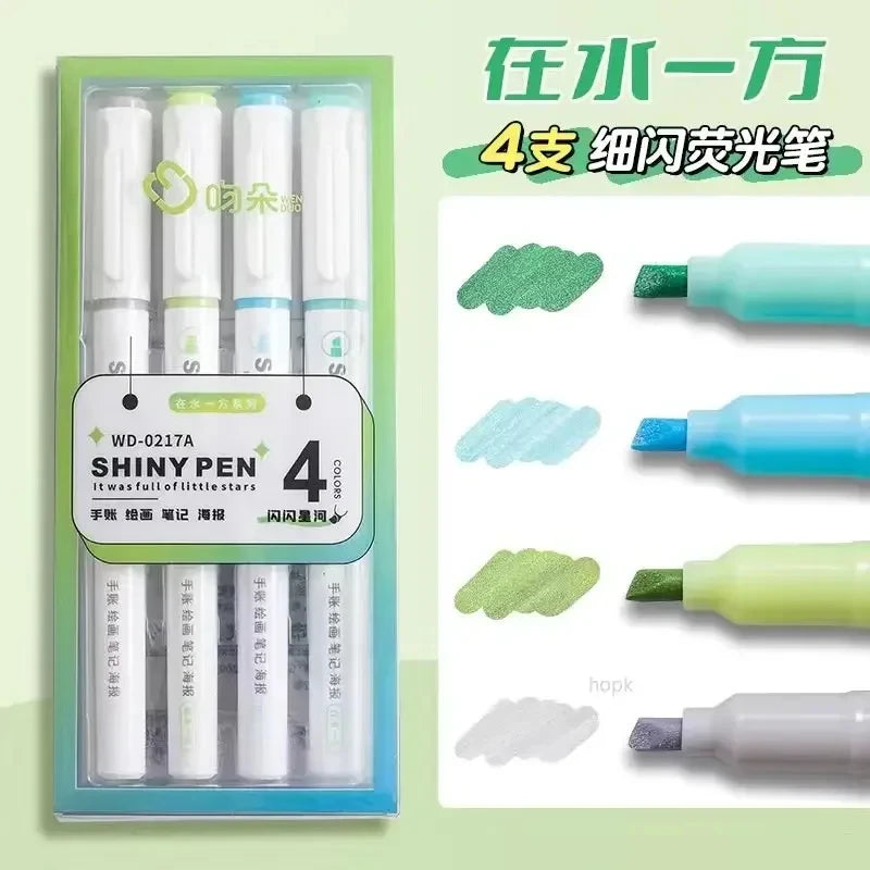 Stiften set Kawaii Glitter Highlighters Pastel 4 Kleuren