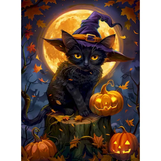 Schilderen op nummer Halloween Kat met Pompoen op Canvas in Frame (optioneel) - 9961781