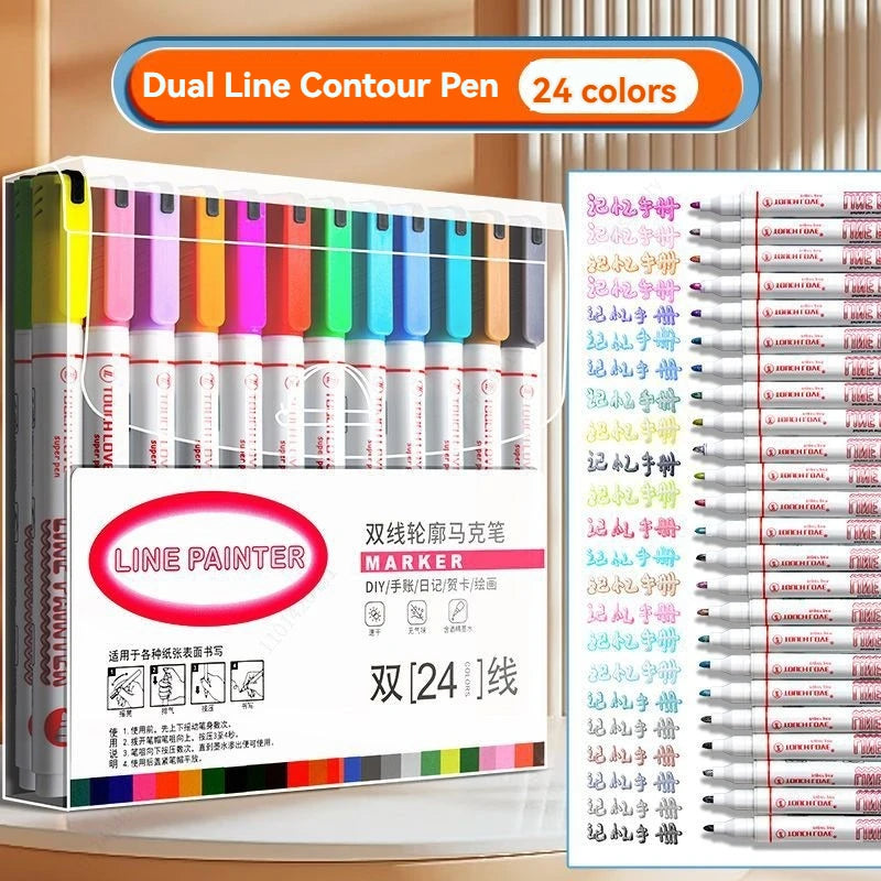 Stiften set Dubbele Lijn Outline Art Pens 8, 12 of 24 Kleuren