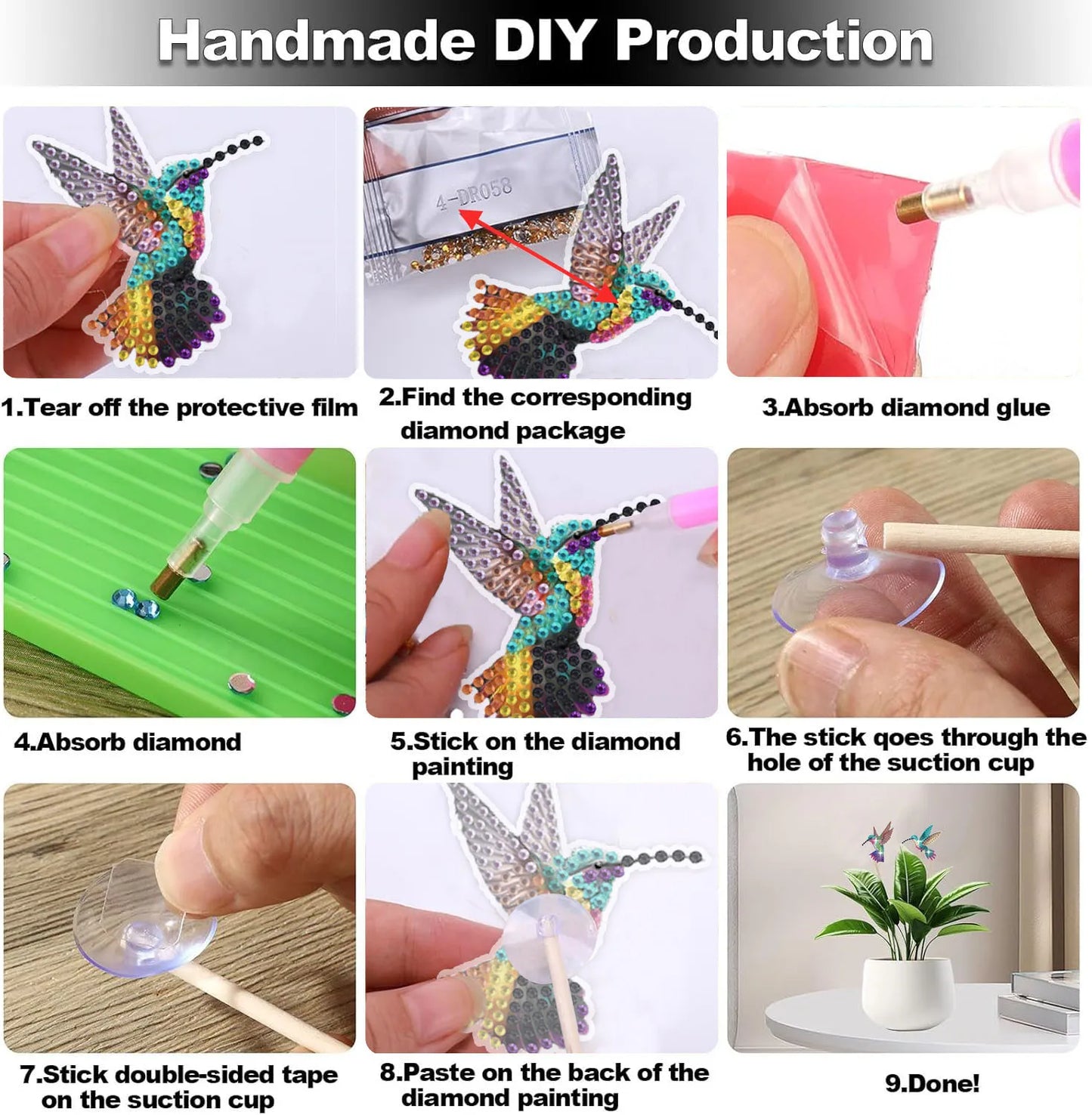 Diamond Painting Plantenstekers Kolibrie Set van Acht voor Potten