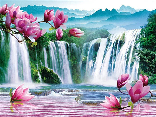 AB Diamond Painting met Fairy dust steentjes Waterval Bloemen