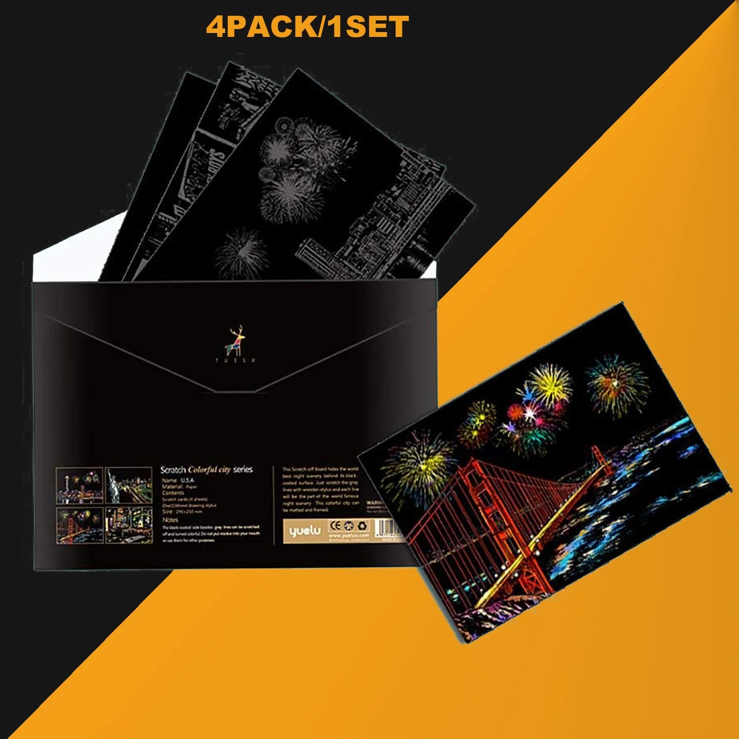 Krastekening Nachtelijke Stadsgezichten Set van 4 Kleurrijke Kaarten