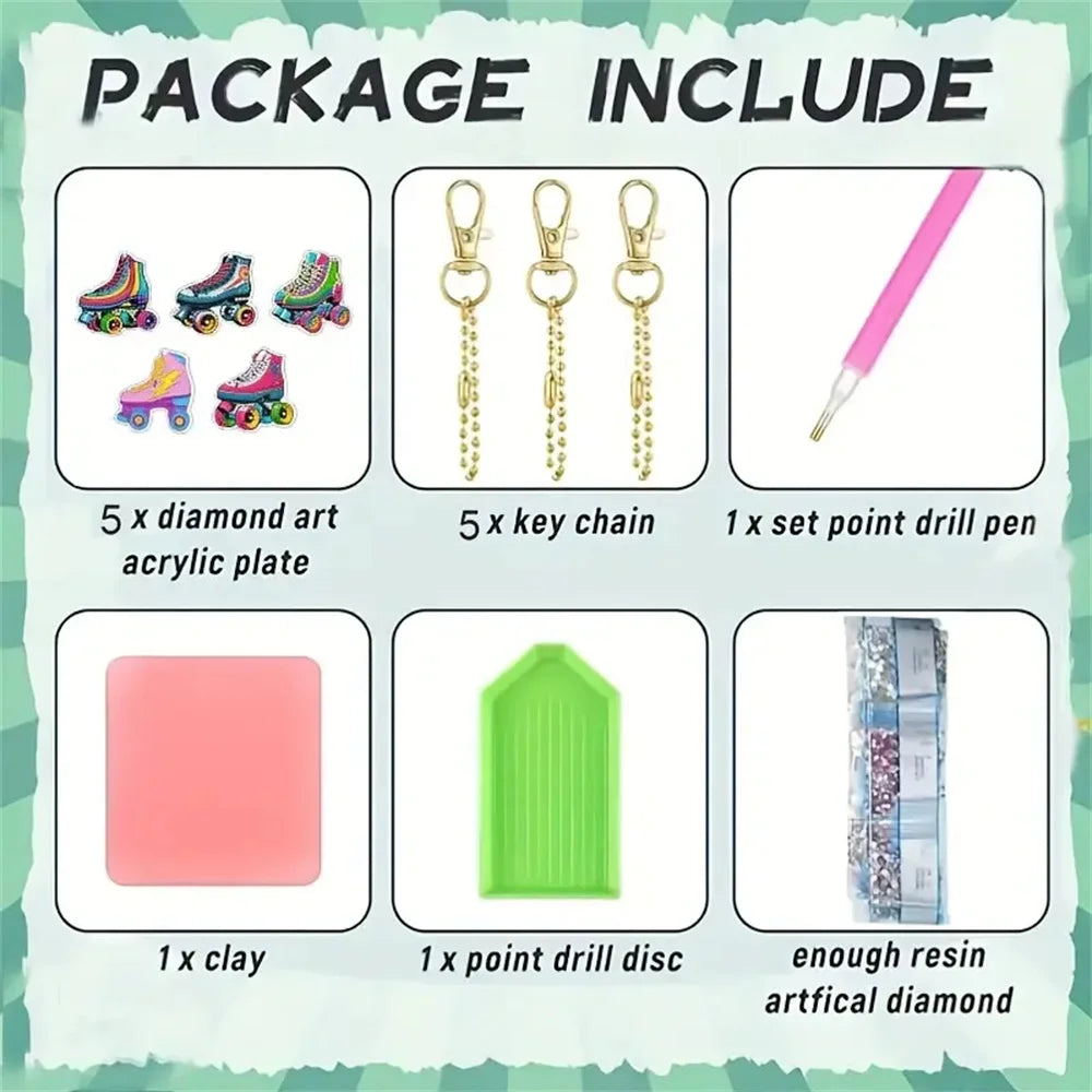 Diamond Painting Sleutelhangers Rolschaats Patroon – 5 stuks Set