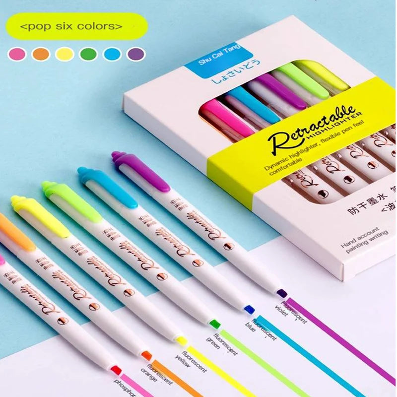 Stiften set met 6 kleuren – Multicolor highlighters met drukknop