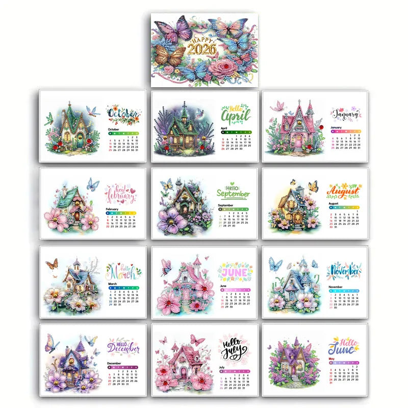 Diamond Painting Kalender met Bloementhema – Handgemaakte Bureaukalender met 13 Pagina’s