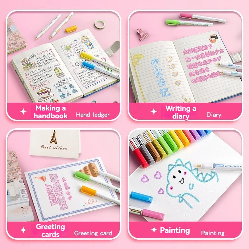 Stiften set Dubbele Lijn Outline Art Pens 8, 12 of 24 Kleuren