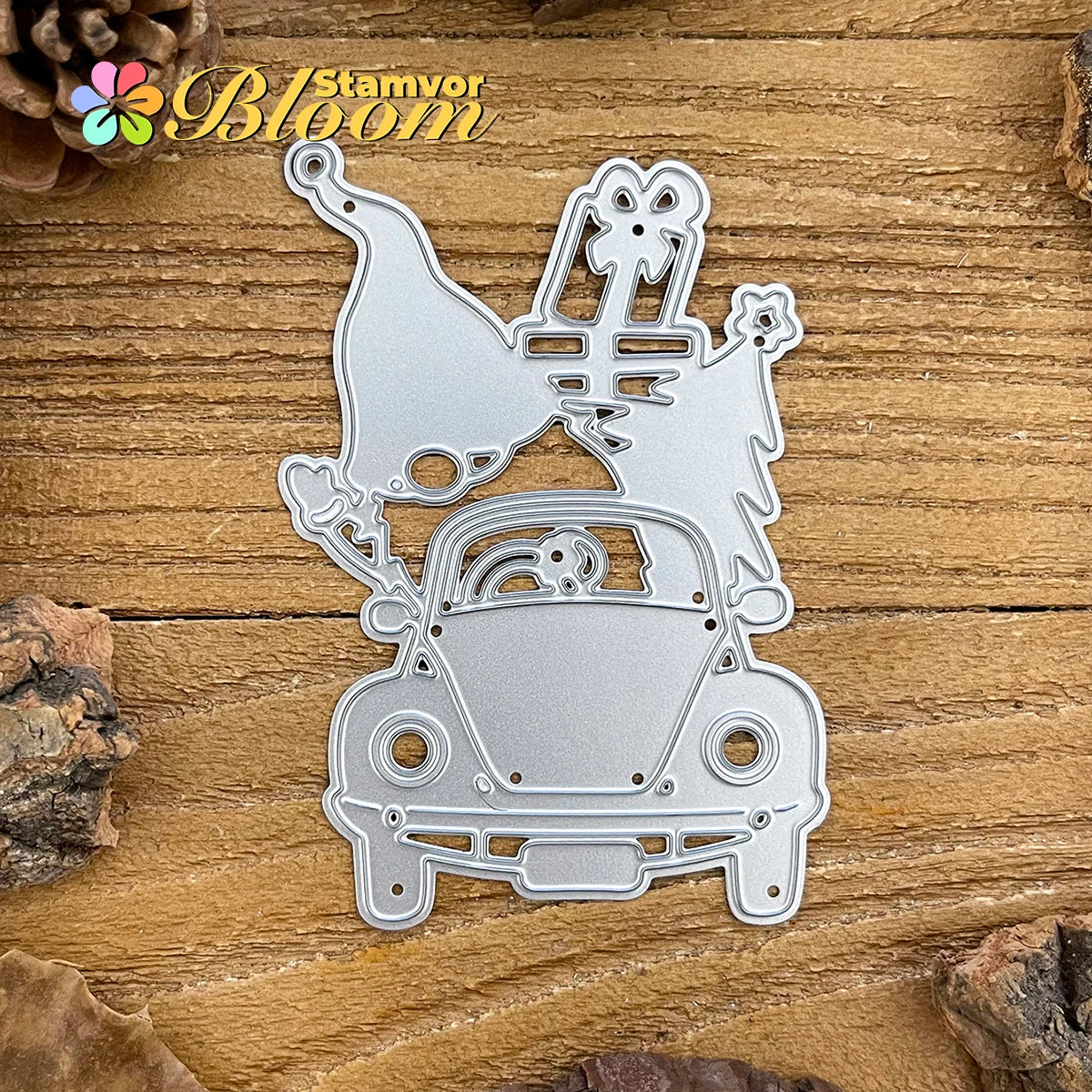 Snijmal kerst truck met vrolijke kabouter voor kaarten en scrapbooking