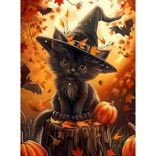 Schilderen op nummer Halloween Kat met Pompoen op Canvas in Frame (optioneel) - 9961746