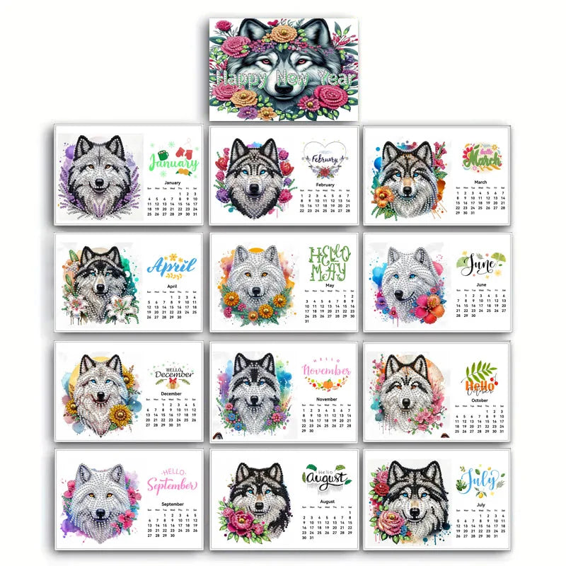 Diamond Painting Kalender 2026 Wolf en Bloemenpatroon – Creatieve Steentjes Set