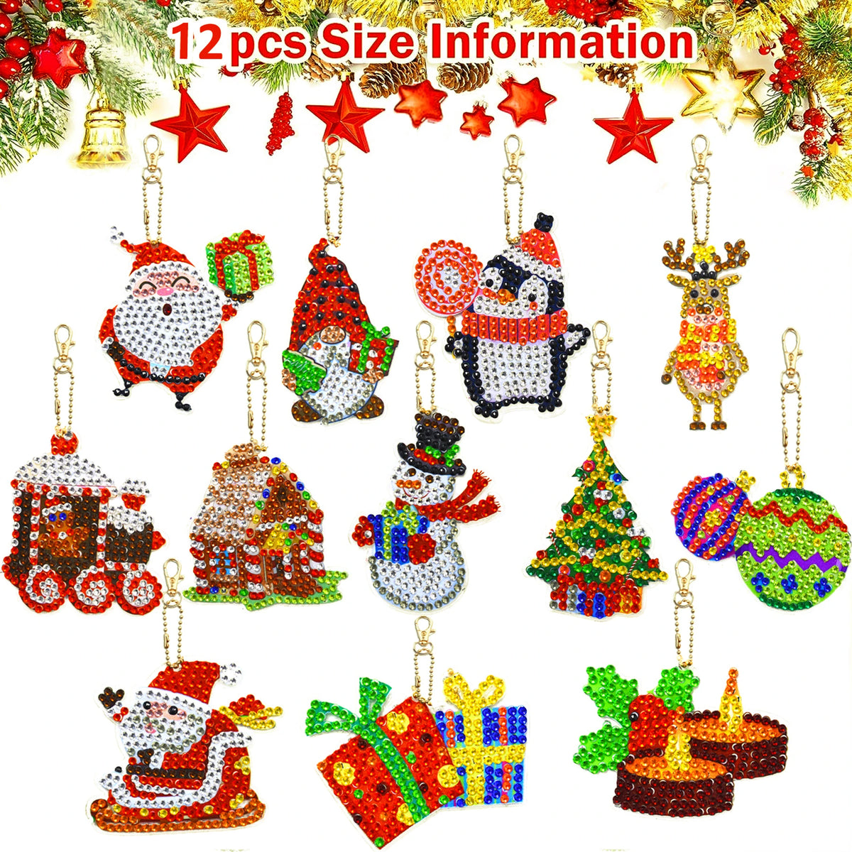 Diamond Painting Kerst Sleutelhanger set 12 stuks Dubbelzijdig - YSK163