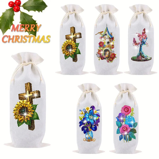 Diamond Painting bloemen en vlinder wijnfles tas set – creatieve kristallen kunst
