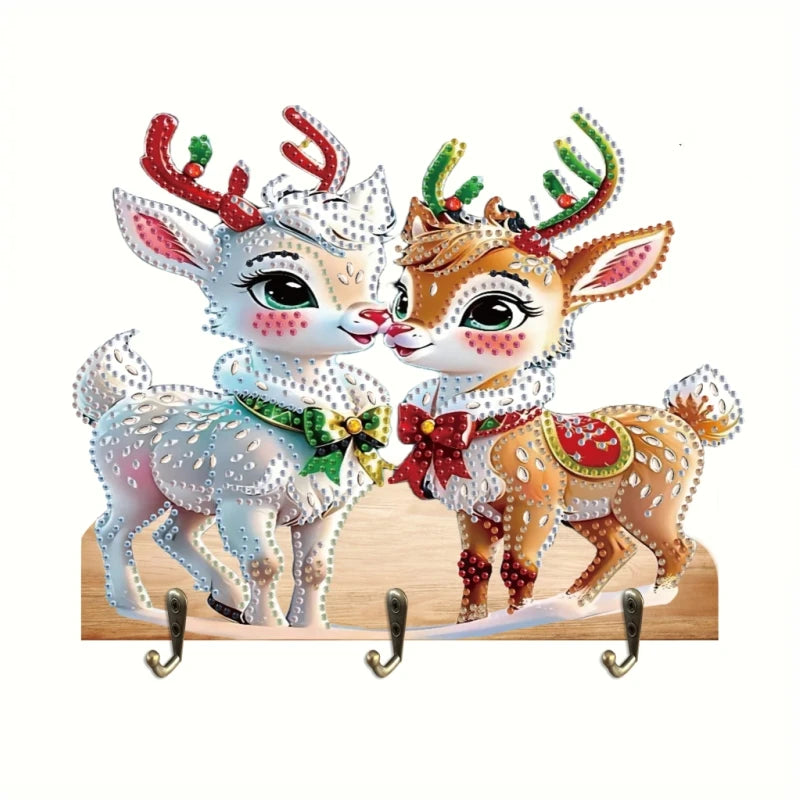 Diamond Painting Kapstok/Sleutelrek met Kerst Hert en 3 Haken