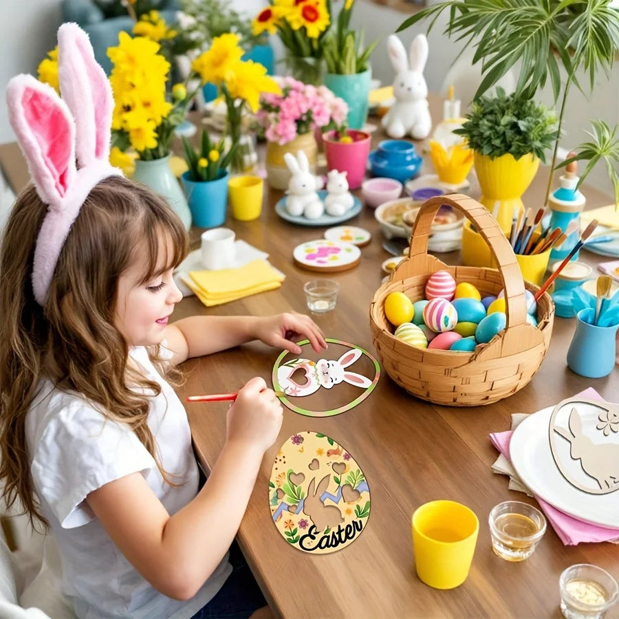 Houten Paas figuur om zelf te kleuren/schilderen – 12 paashangers konijn & ei