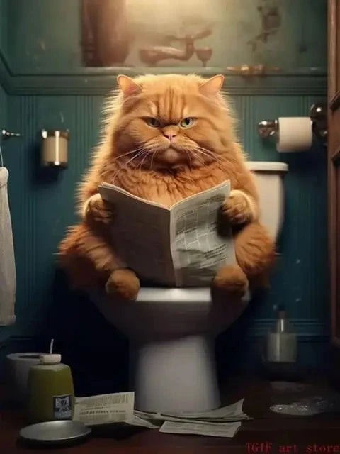AB Diamond Painting met Fairy dust steentjes Kat op Toilet Krant