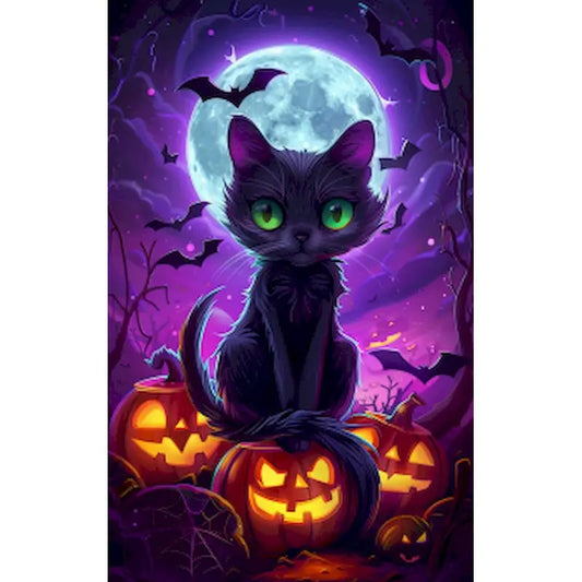 Schilderen op nummer Halloween Kat met Pompoen op Canvas in Frame (optioneel) - 9961765