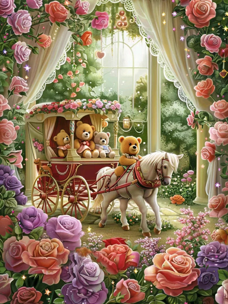 AB Diamond Painting op canvas – Fairy Dust Rozentuin met Koets en Beer
