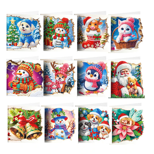 Diamond Painting Kerstkaarten 12 stuks – Feestelijke wenskaarten met strass steentjes