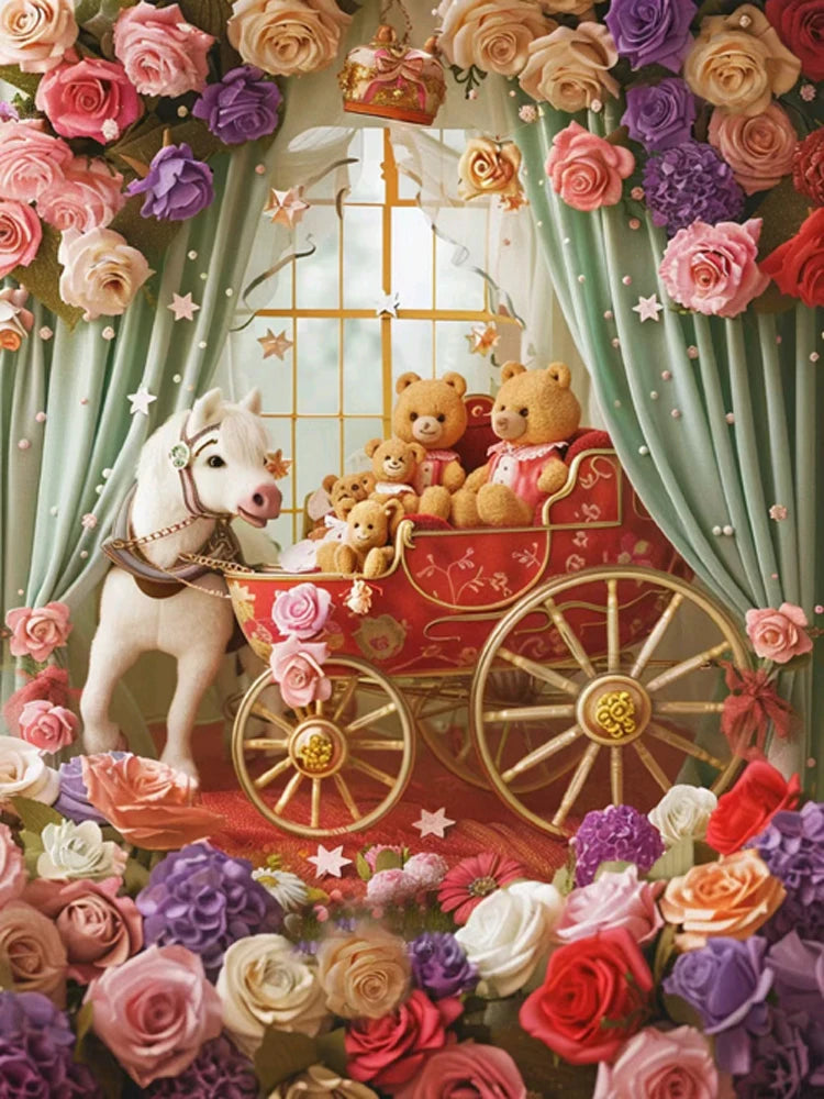AB Diamond Painting op canvas – Fairy Dust Rozentuin met Koets en Beer