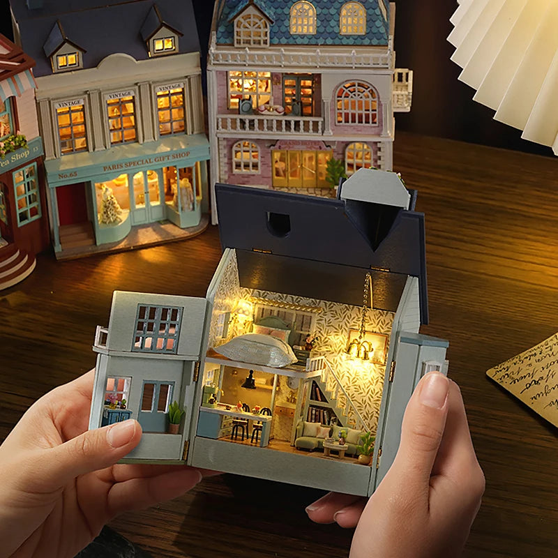 Zelfbouw miniatuurhuisje houten villa met meubels en verlichting - D-032