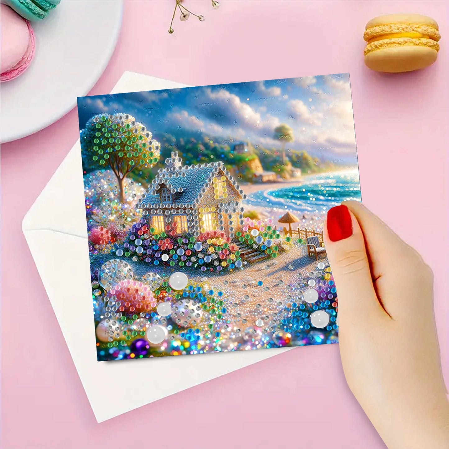Diamond Painting Wenskaarten set Strandhuisjes – 6 kaarten