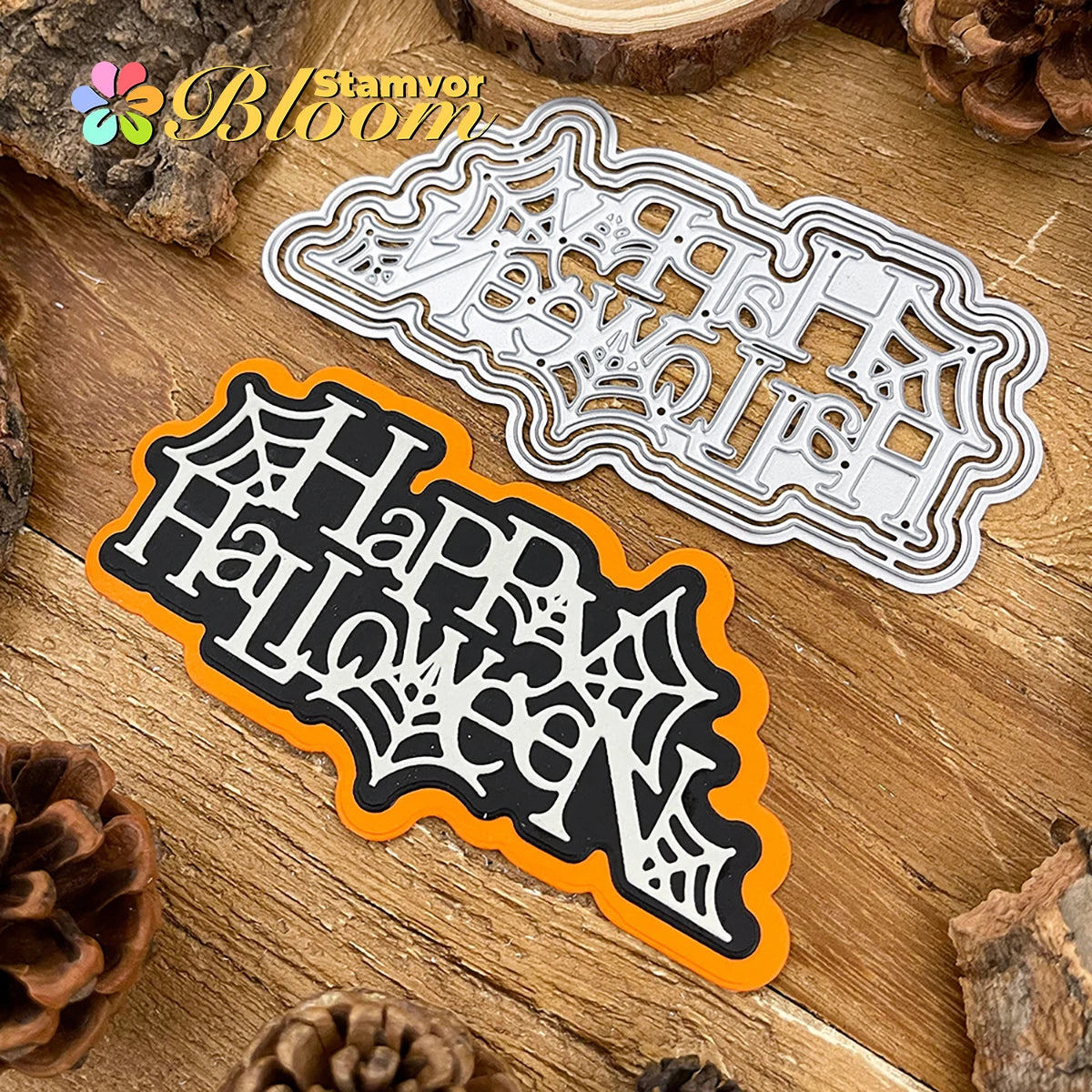 Snijmal Spinnenweb en Happy Halloween Tekst voor Kaarten en Scrapbooking