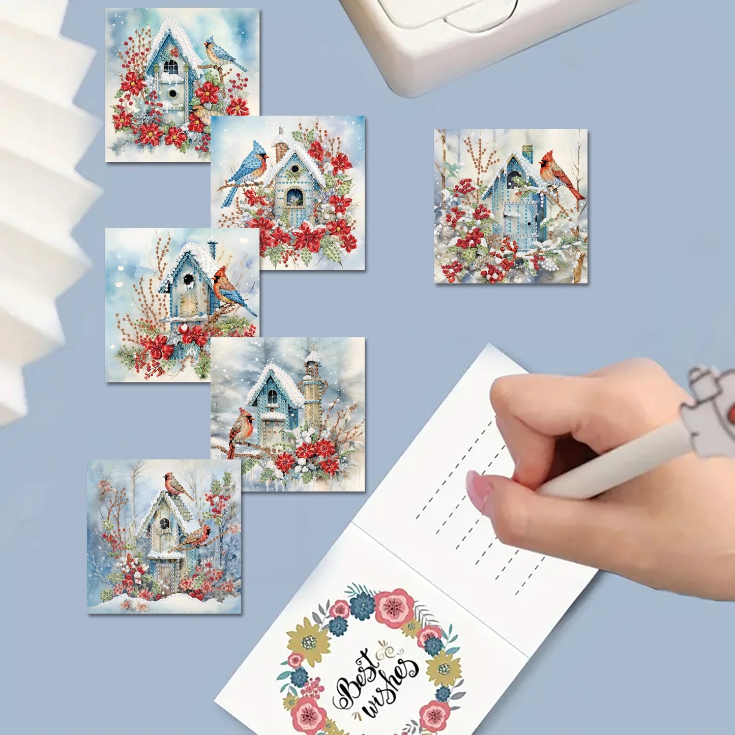 Diamond Painting Kerstkaarten set vogels en huisjes – creatieve wenskaarten