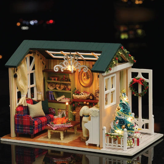 Zelfbouw Miniatuurhuisje met Meubels en Verlichting – Houten Set