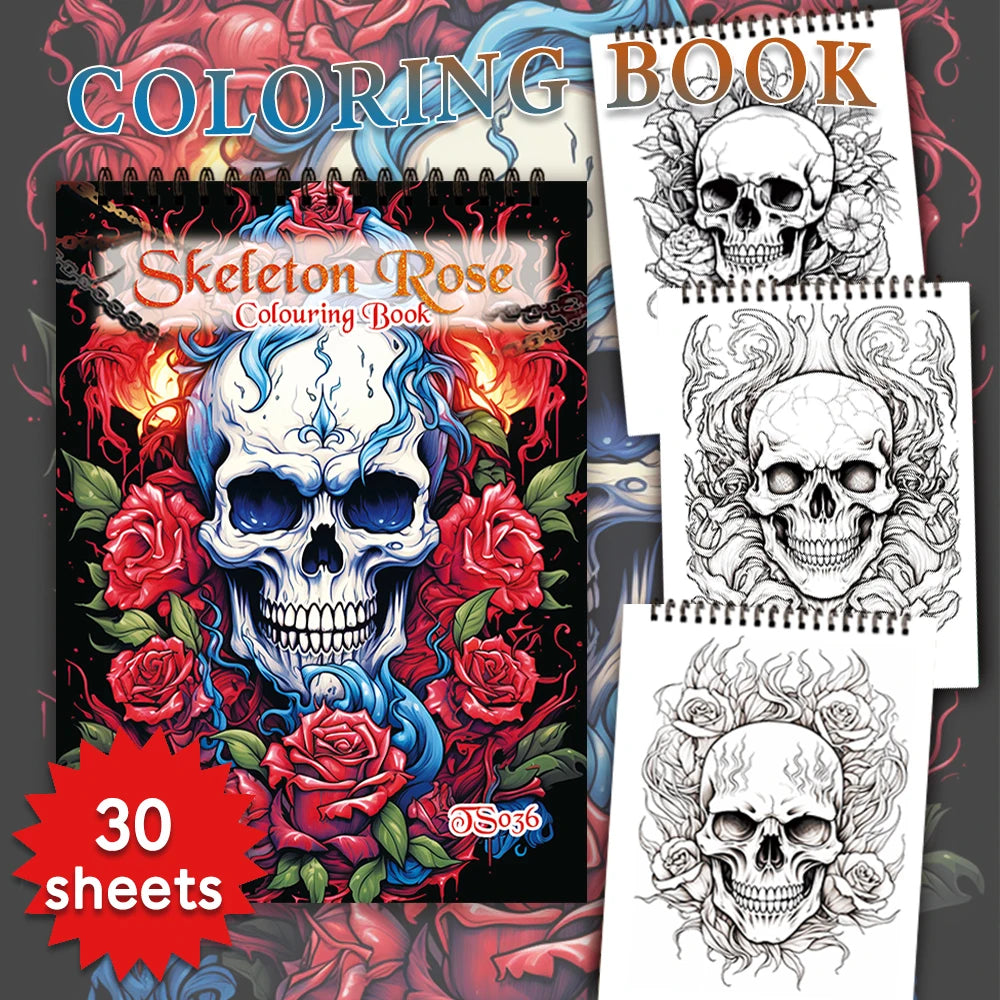 Kleurboek voor volwassenen – Skelet met rozen, 30 pagina’s