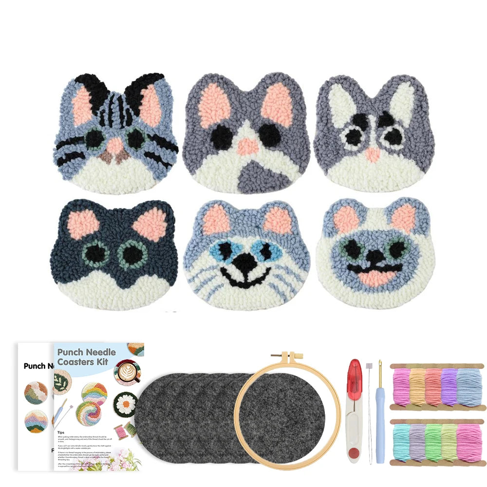 Punch Needle pakket Hond Onderzetters Set voor Beginners 6 Stuks