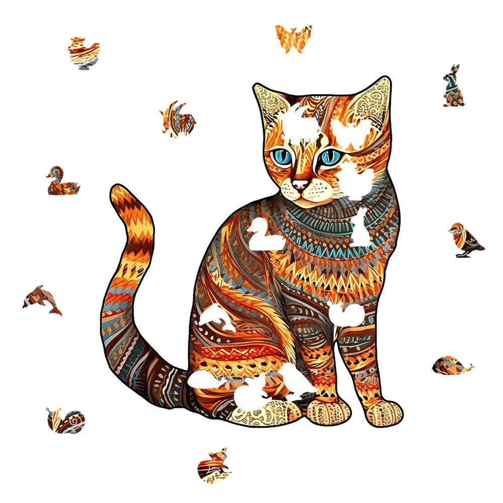 Houten figuren puzzel kat – decoratieve dierenpuzzel cadeau voor volwassenen