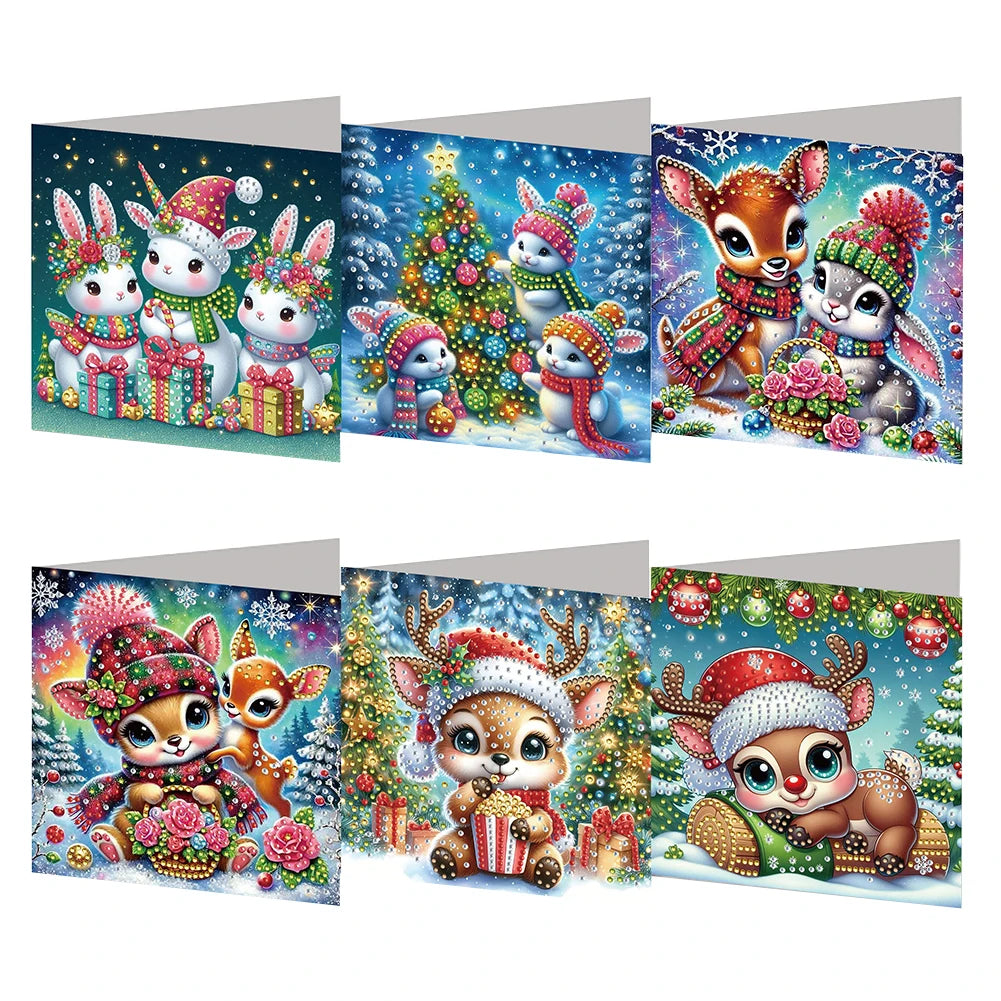 Diamond Painting Kerst kaarten set Rendieren en Konijnen 6 Kerstkaarten